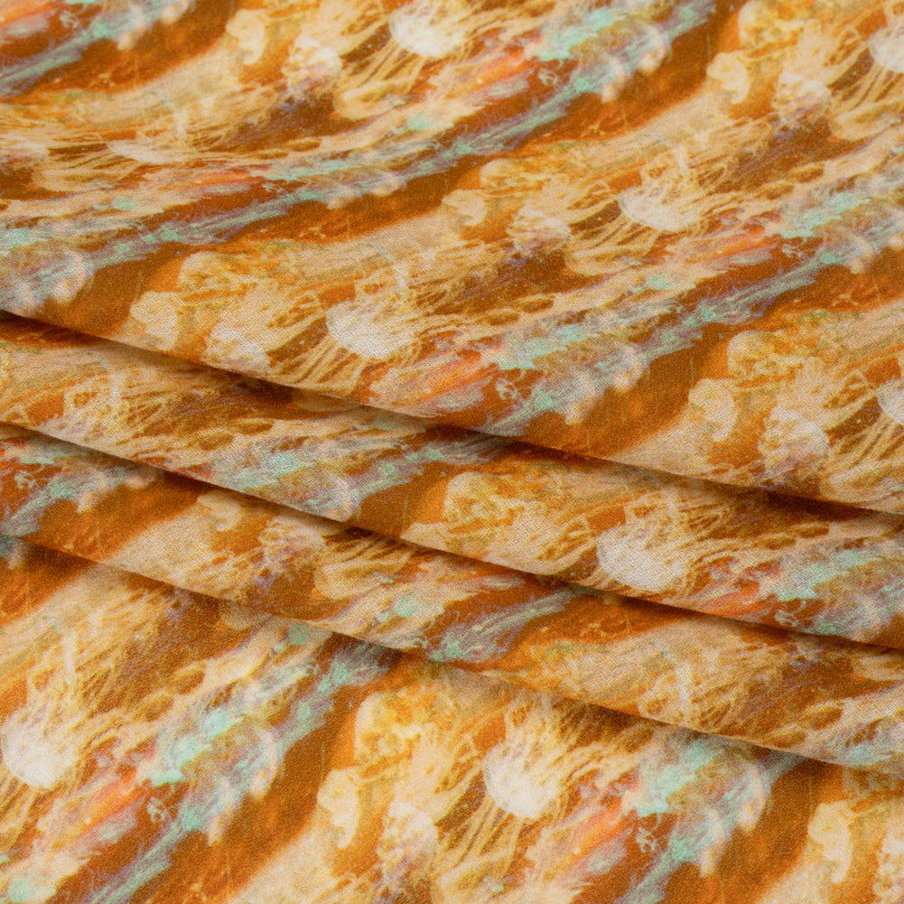 Cotton Crepe - Burnt Orange and Aqua Abstract Jellyfish Stripes - Mood Exclusive Tentacle Trails Print - Folded Cotton Crepe - Burnt Orange and Aqua Abstract Jellyfish Stripes - Mood Exclusive Tentacle Trails Print - Folded