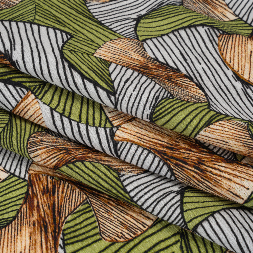Slubbed Gauzy Cotton Woven - Green, Brown and White Abstract - Mood Exclusive Tantric Tessellations Print - Folded Slubbed Gauzy Cotton Woven - Green, Brown and White Abstract - Mood Exclusive Tantric Tessellations Print - Folded