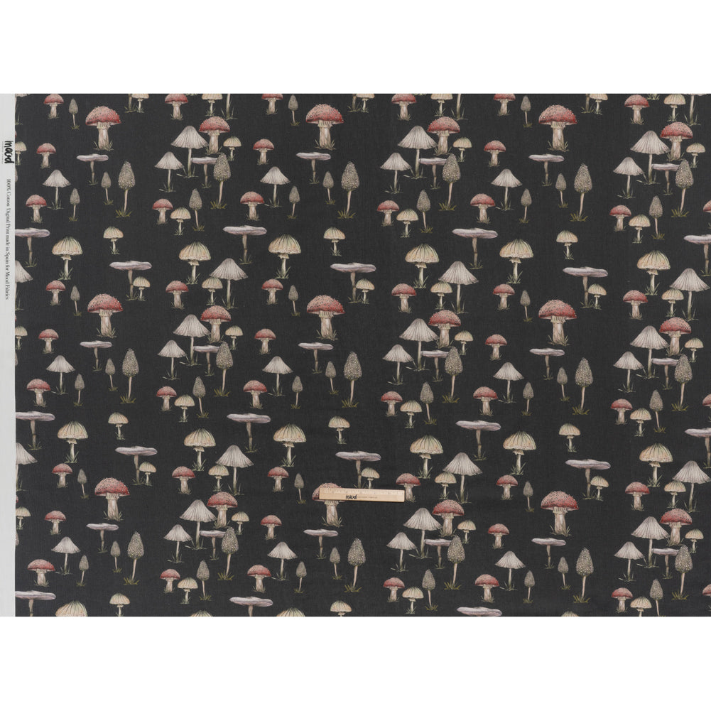 Slubbed Gauzy Cotton Woven - Charcoal, Red and Beige Mushrooms - Mood Exclusive Moonlit Mycelium Print - Full Slubbed Gauzy Cotton Woven - Charcoal, Red and Beige Mushrooms - Mood Exclusive Moonlit Mycelium Print - Full