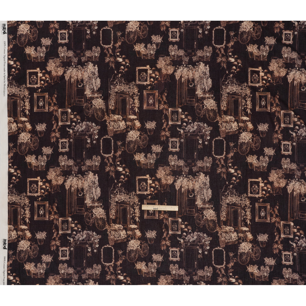 Crinkled Cotton Gauzy Woven - Dark Brown and Cream Flowers and Framed Photos - Mood Exclusive Coffee Date Print - Full Crinkled Cotton Gauzy Woven - Dark Brown and Cream Flowers and Framed Photos - Mood Exclusive Coffee Date Print - Full
