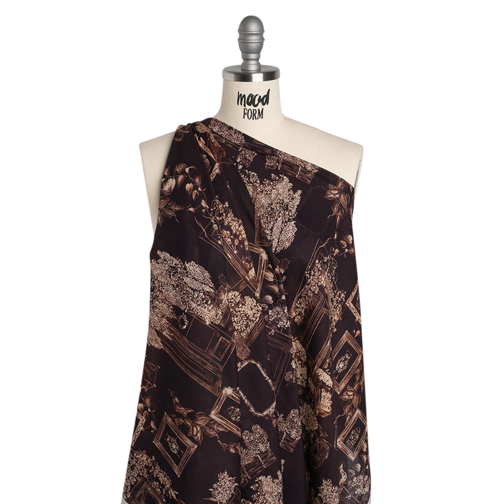 Crinkled Cotton Gauzy Woven - Dark Brown and Cream Flowers and Framed Photos - Mood Exclusive Coffee Date Print - Drape Crinkled Cotton Gauzy Woven - Dark Brown and Cream Flowers and Framed Photos - Mood Exclusive Coffee Date Print - Drape