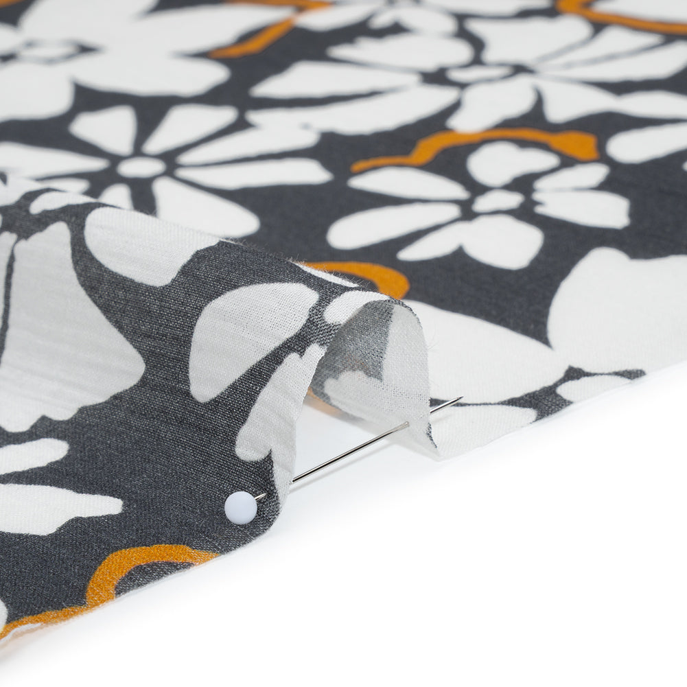 Crinkled Cotton Gauzy Woven - Charcoal Gray, Golden Orange and White Floral - Mood Exclusive Spring Squall Print - Detail Crinkled Cotton Gauzy Woven - Charcoal Gray, Golden Orange and White Floral - Mood Exclusive Spring Squall Print - Detail