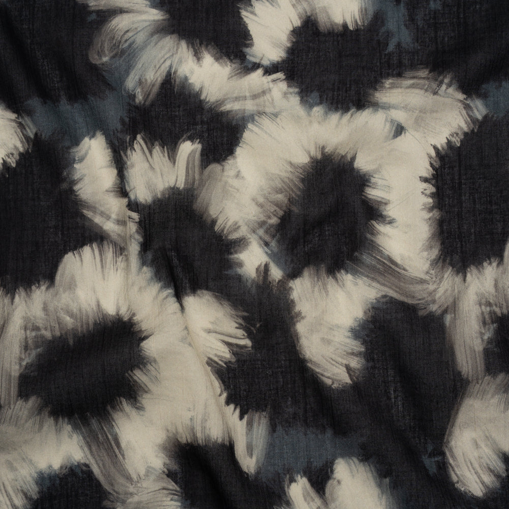 Crinkled Cotton Gauzy Woven - Dark Blue, Black and Cream Painterly Florals - Mood Exclusive Sunflower Strokes Print Crinkled Cotton Gauzy Woven - Dark Blue, Black and Cream Painterly Florals - Mood Exclusive Sunflower Strokes Print