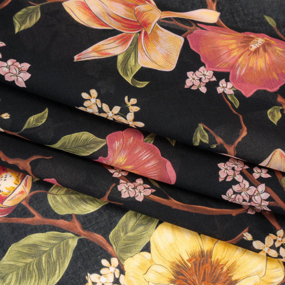 Cotton Voile - Pink, Fuchsia Purple and Black Flowering Branches - Mood Exclusive Eve’s Euphoria Print - Detail Cotton Voile - Pink, Fuchsia Purple and Black Flowering Branches - Mood Exclusive Eve’s Euphoria Print - Detail