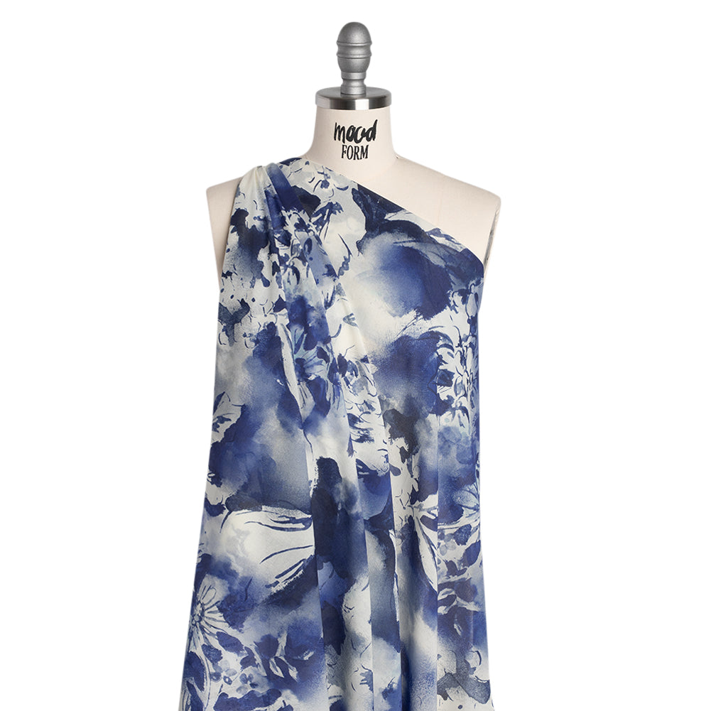 Cotton Voile - Dark Blue and White Watercolor Flowers - Mood Exclusive Inkblot Inspirations Print - Drape Cotton Voile - Dark Blue and White Watercolor Flowers - Mood Exclusive Inkblot Inspirations Print - Drape