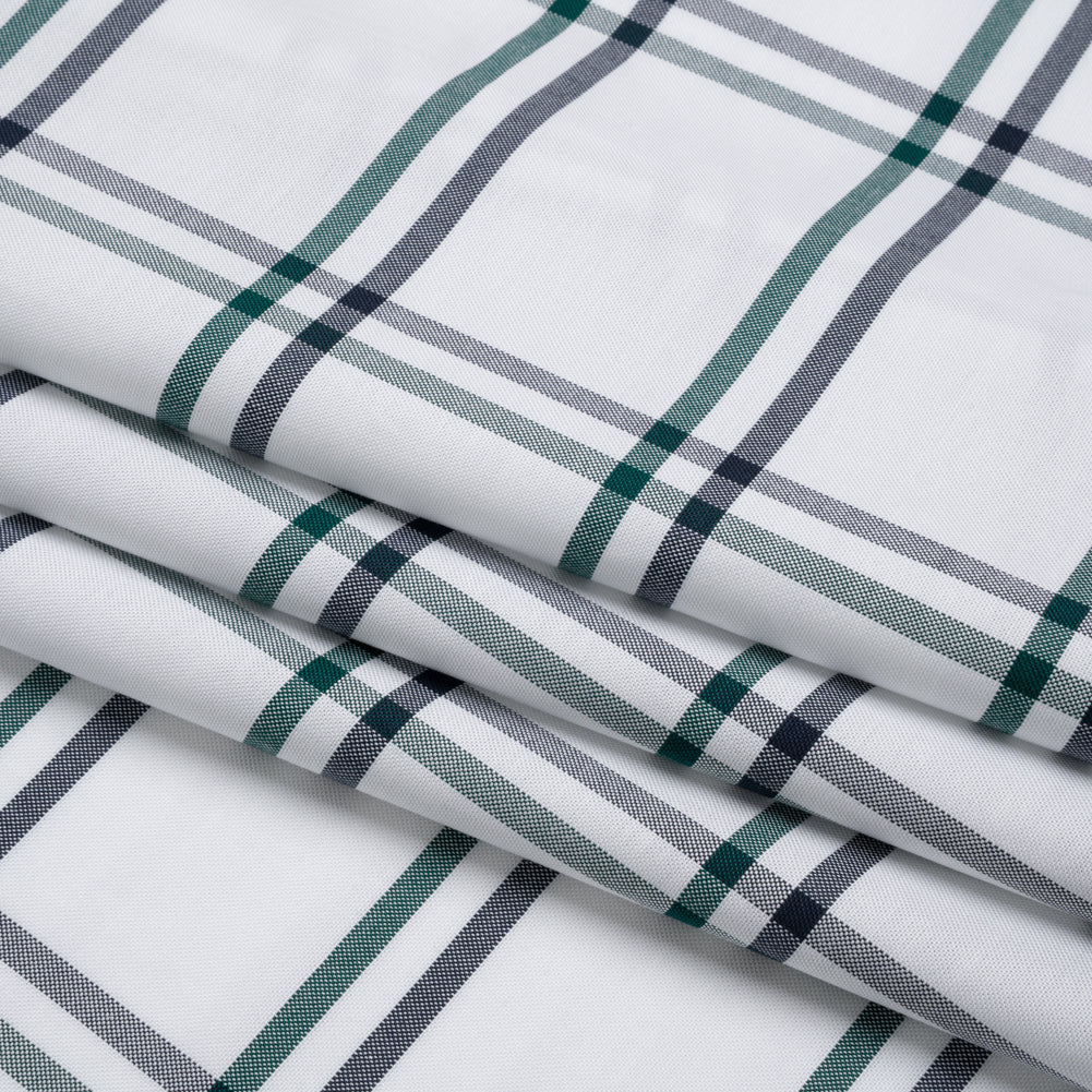 Cotton Oxford Shirting - Dark Green, Navy and White Plaid - Deadstock - Folded Cotton Oxford Shirting - Dark Green, Navy and White Plaid - Deadstock - Folded