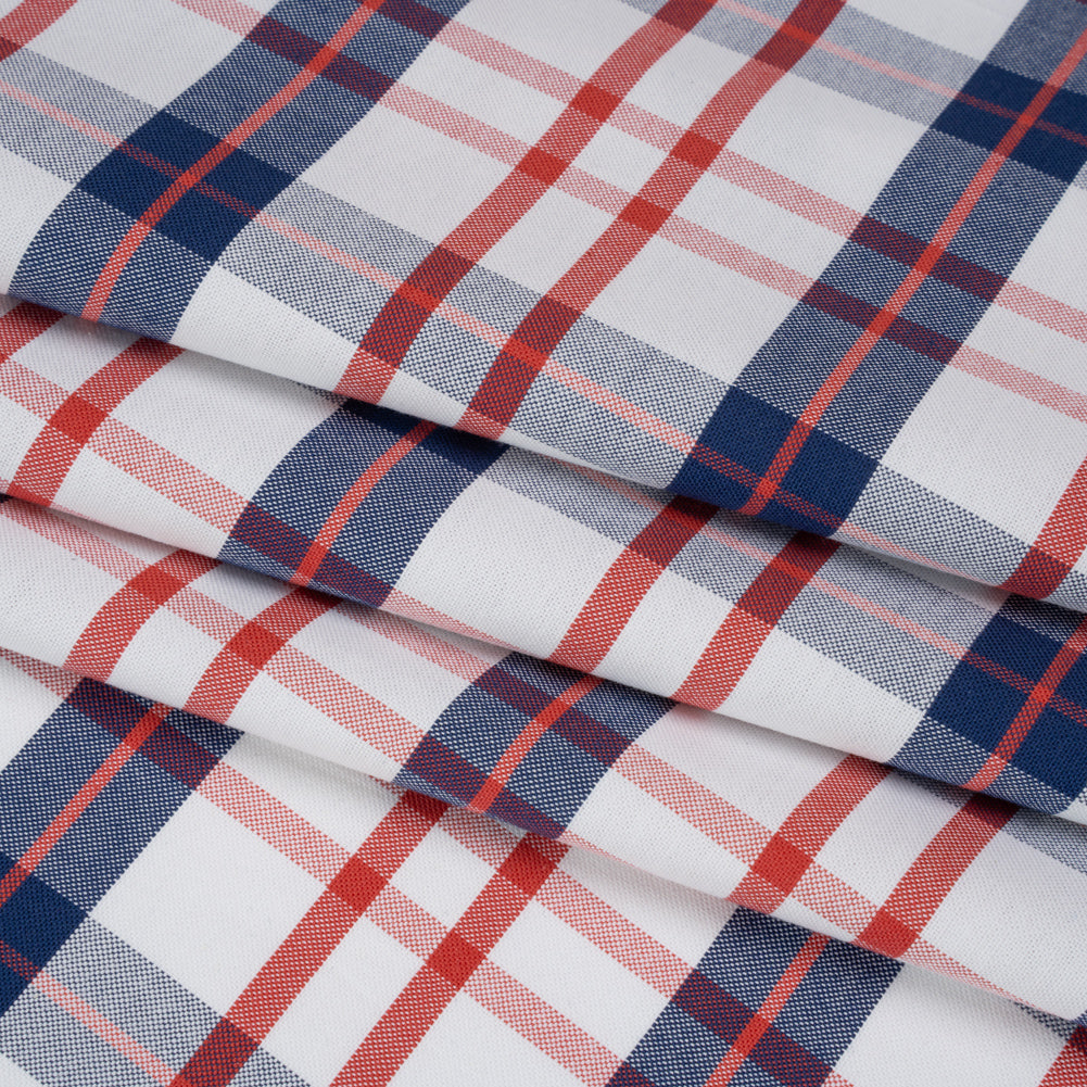 Cotton Oxford Shirting - Red, Navy Blue and White Plaid - Deadstock - Folded Cotton Oxford Shirting - Red, Navy Blue and White Plaid - Deadstock - Folded