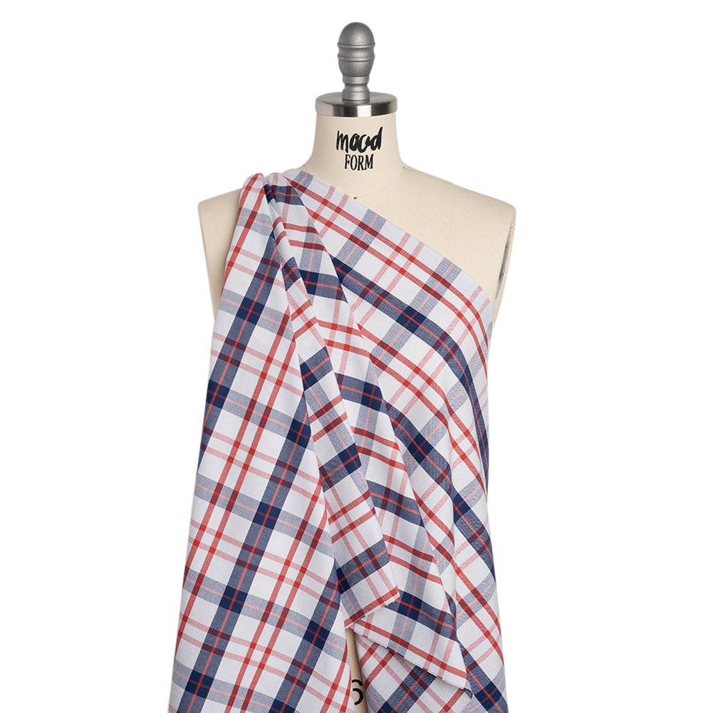 Cotton Oxford Shirting - Red, Navy Blue and White Plaid - Deadstock - Drape Cotton Oxford Shirting - Red, Navy Blue and White Plaid - Deadstock - Drape