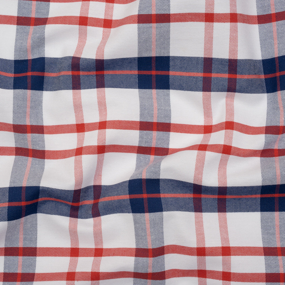 Cotton Oxford Shirting - Red, Navy Blue and White Plaid - Deadstock Cotton Oxford Shirting - Red, Navy Blue and White Plaid - Deadstock