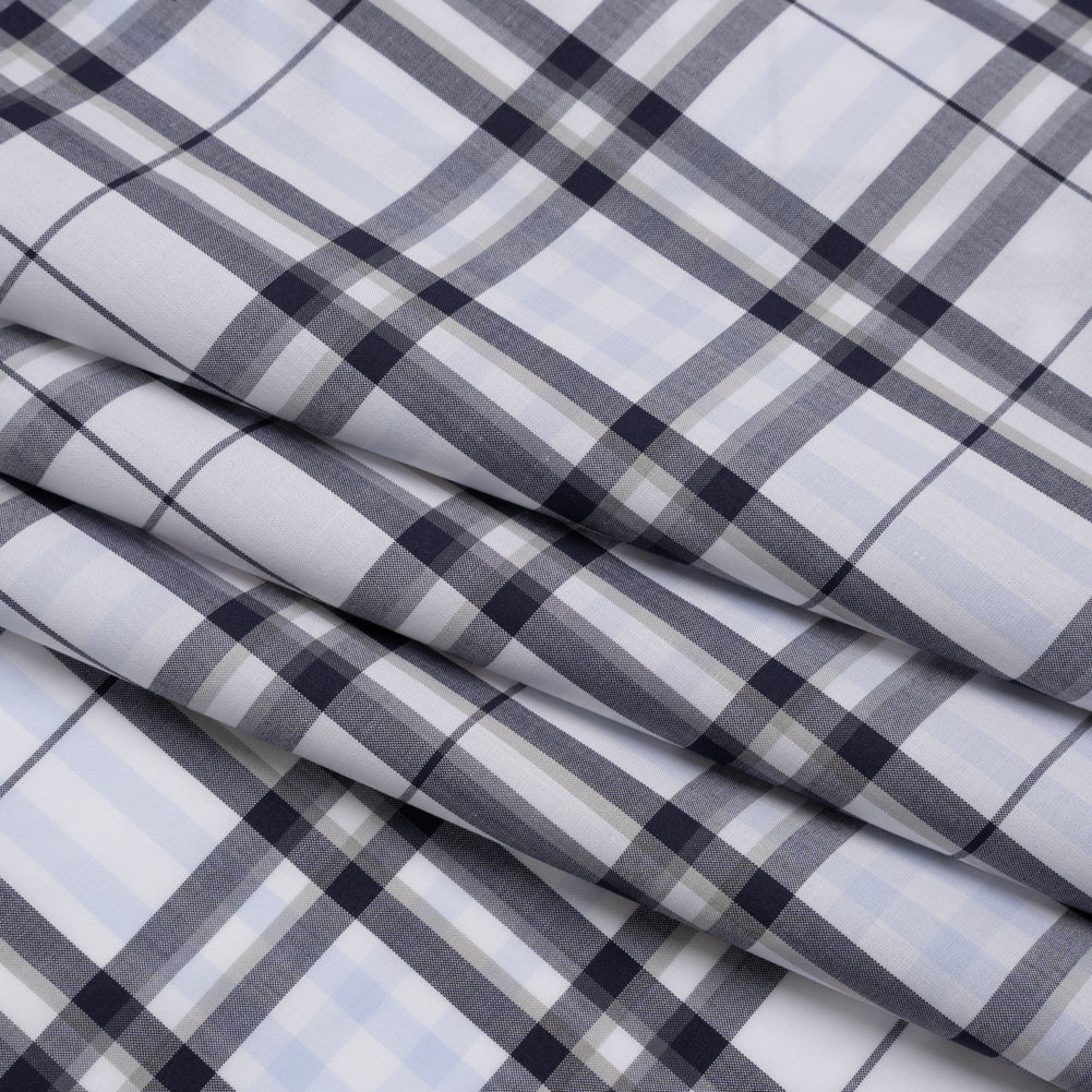 Cotton Shirting - Midnight Navy, Greige and White Plaid - Deadstock - Folded Cotton Shirting - Midnight Navy, Greige and White Plaid - Deadstock - Folded