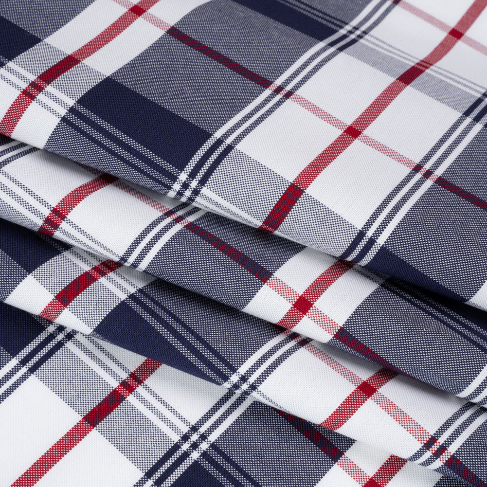 Cotton Oxford Shirting - Dark Blue, Cranberry Red and White Plaid - Deadstock - Folded Cotton Oxford Shirting - Dark Blue, Cranberry Red and White Plaid - Deadstock - Folded