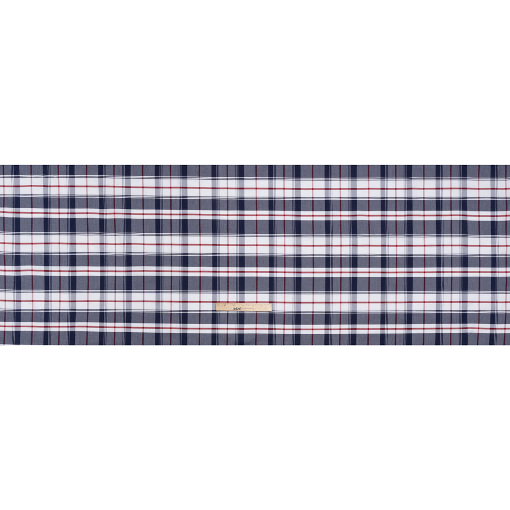 Cotton Oxford Shirting - Dark Blue, Cranberry Red and White Plaid - Deadstock - Full Cotton Oxford Shirting - Dark Blue, Cranberry Red and White Plaid - Deadstock - Full
