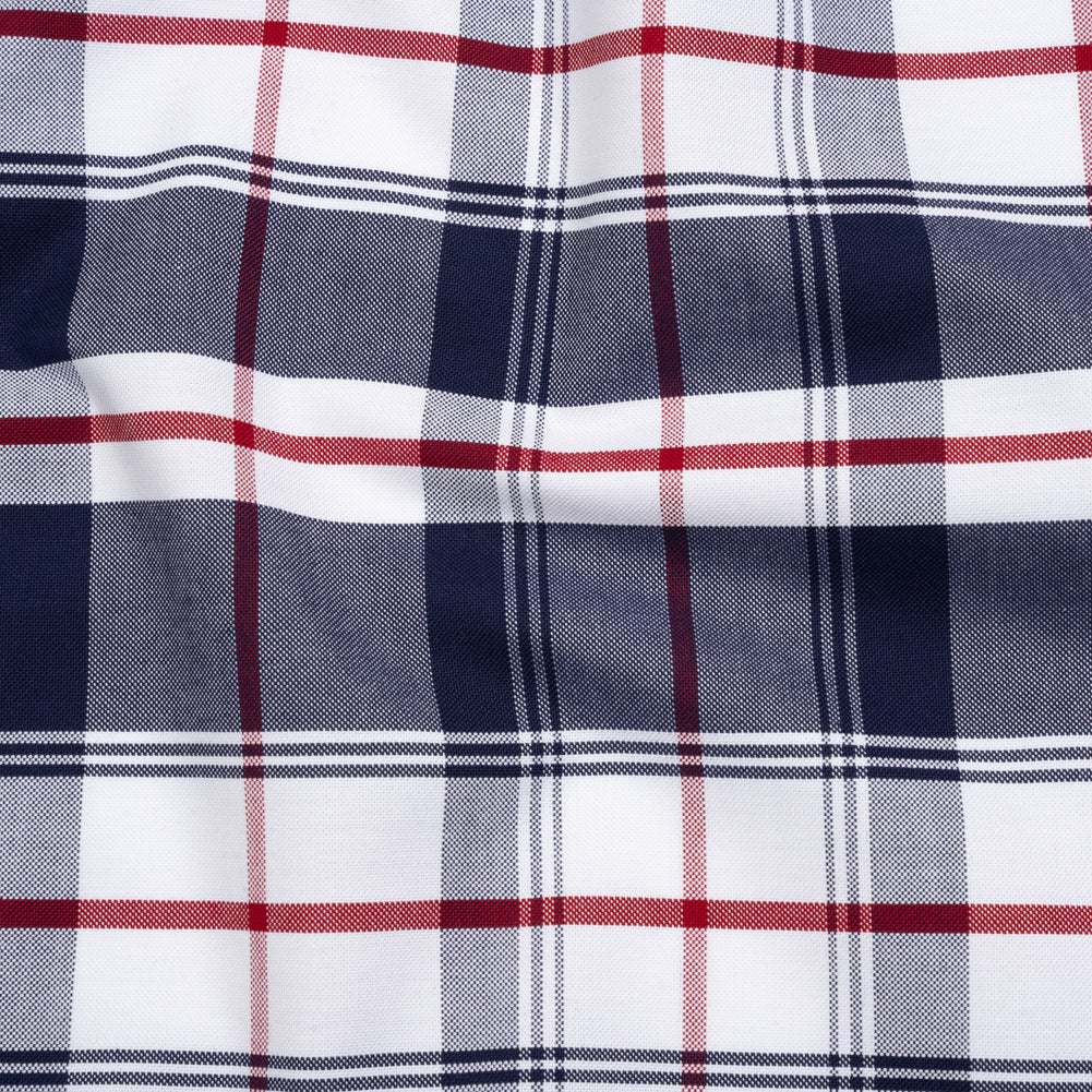 Cotton Oxford Shirting - Dark Blue, Cranberry Red and White Plaid - Deadstock Cotton Oxford Shirting - Dark Blue, Cranberry Red and White Plaid - Deadstock