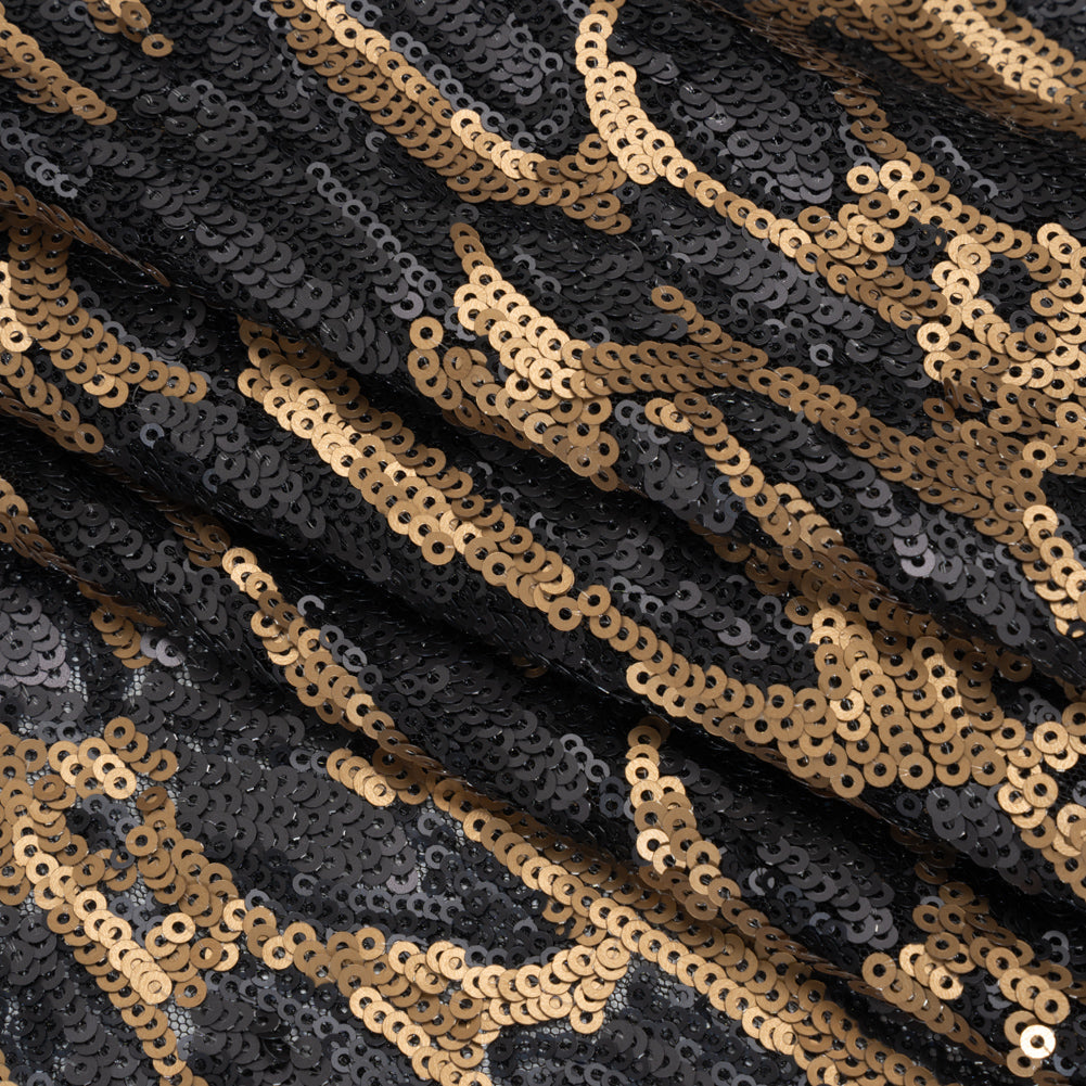 Sequins on Black Mesh - Gold and Black Abstract - Deadstock - Folded Sequins on Black Mesh - Gold and Black Abstract - Deadstock - Folded