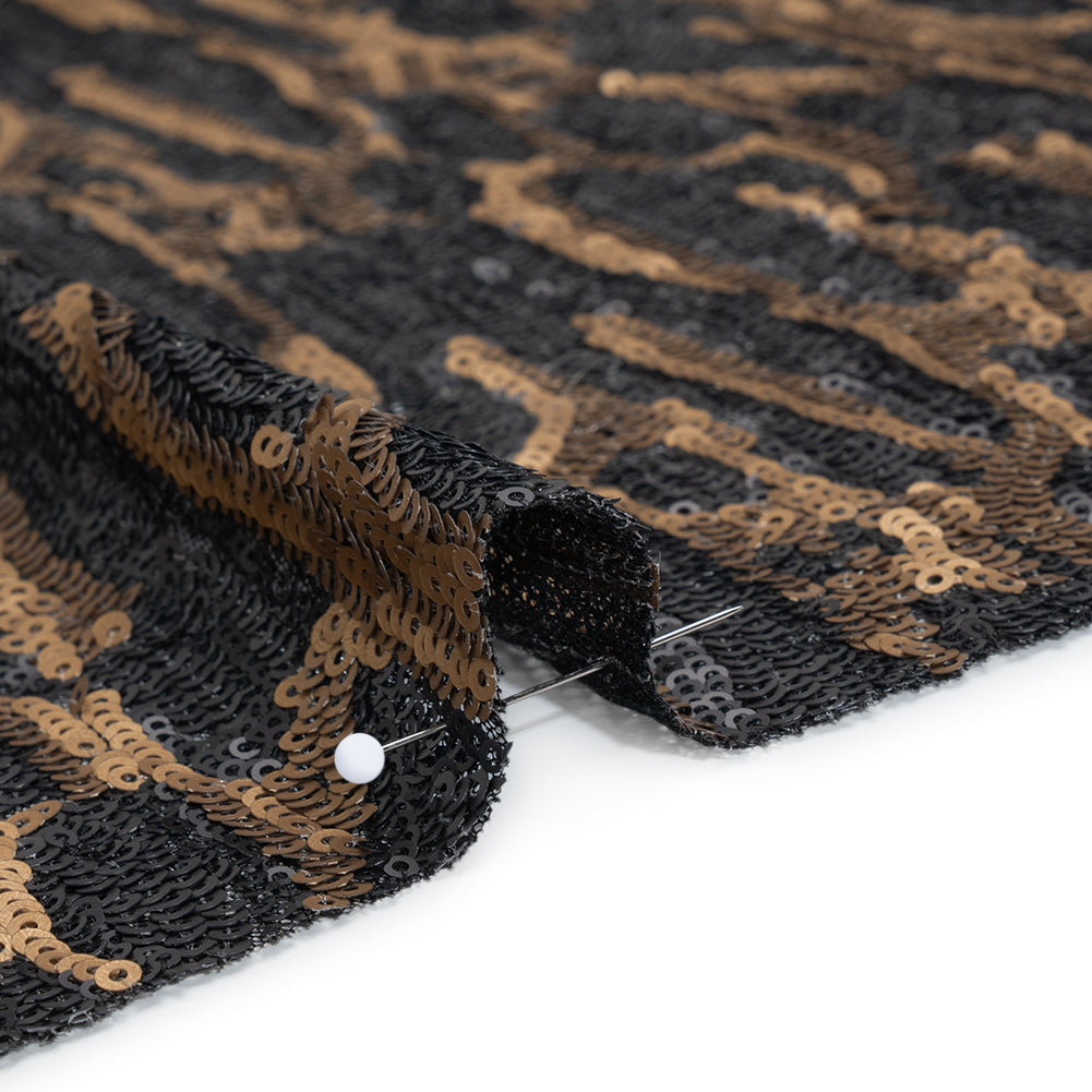 Sequins on Black Mesh - Gold and Black Abstract - Deadstock - Detail Sequins on Black Mesh - Gold and Black Abstract - Deadstock - Detail