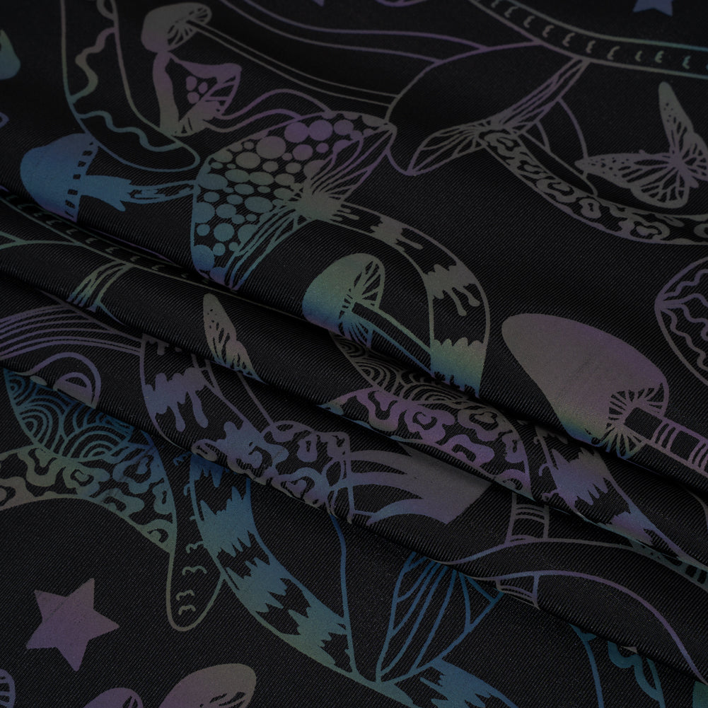 Reflective Print Spandex Knit with 4-Way Stretch - Rainbow and Black Mushrooms Folded Reflective Print Spandex Knit with 4-Way Stretch - Rainbow and Black Mushrooms Folded