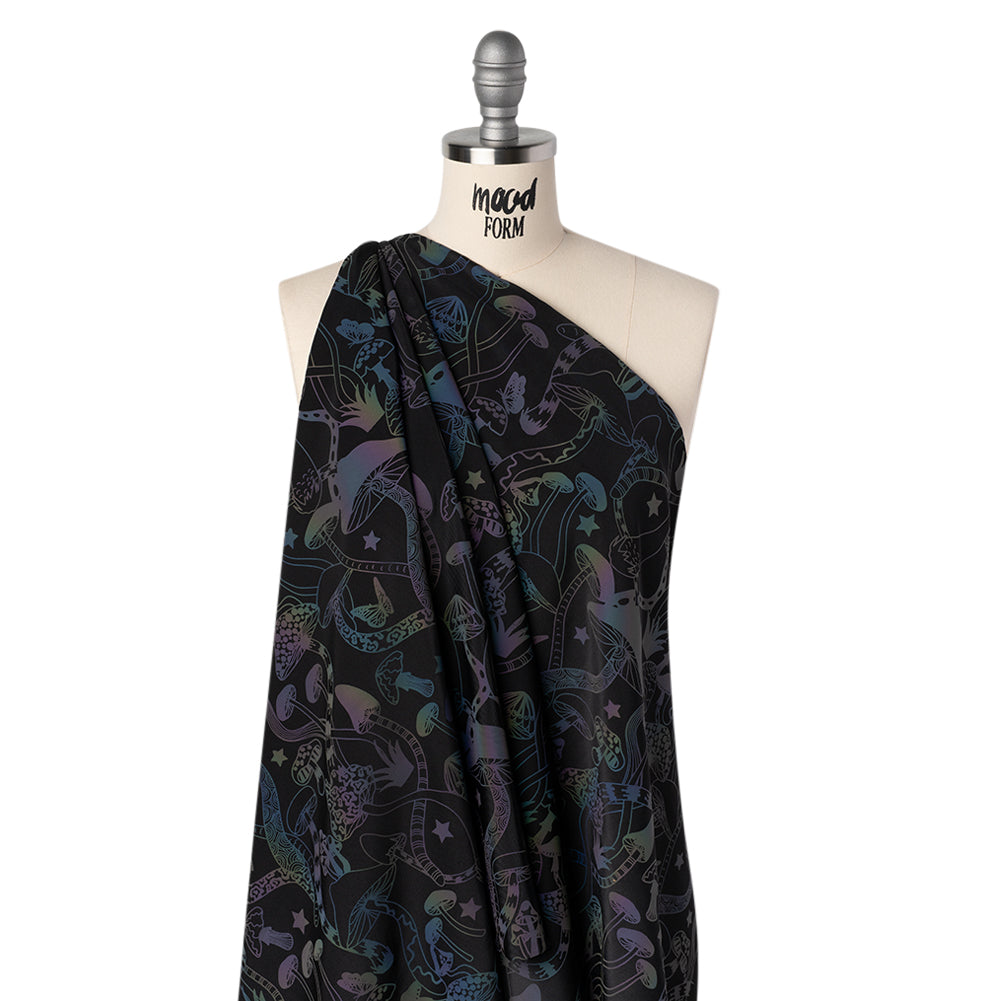 Reflective Print Spandex Knit with 4-Way Stretch - Rainbow and Black Mushrooms Drape Reflective Print Spandex Knit with 4-Way Stretch - Rainbow and Black Mushrooms Drape