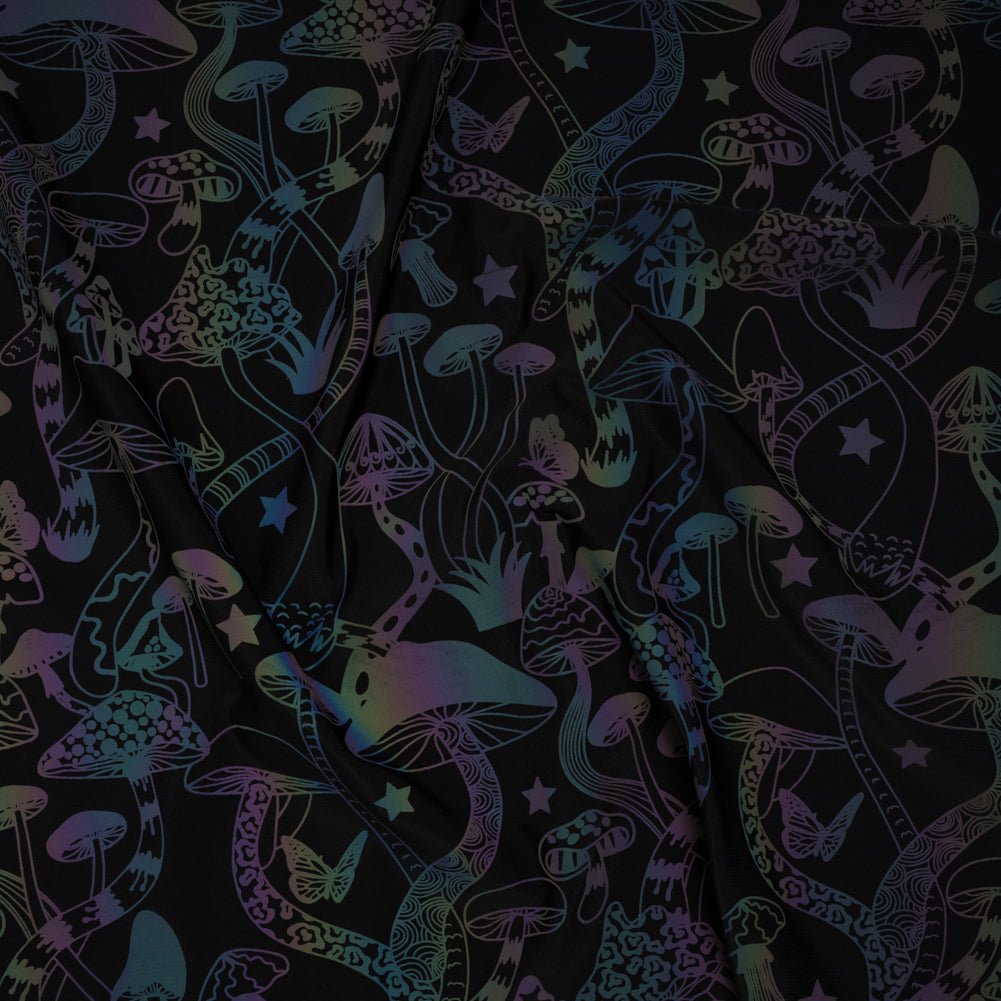 Reflective Print Spandex Knit with 4-Way Stretch - Rainbow and Black Mushrooms Reflective Print Spandex Knit with 4-Way Stretch - Rainbow and Black Mushrooms