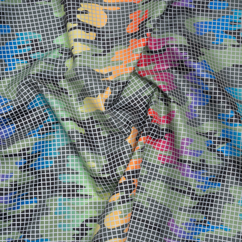 Reflective Print Fabric - Olive Green and Rainbow Camouflage with Silver Gray Grid Reflective Print Fabric - Olive Green and Rainbow Camouflage with Silver Gray Grid