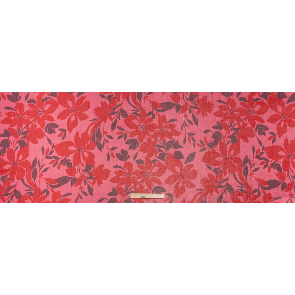 Polyester Chiffon with Metallic Pinstripes - Dark Pink, Red and Burgundy Floral - Designer Deadstock - Full Polyester Chiffon with Metallic Pinstripes - Dark Pink, Red and Burgundy Floral - Designer Deadstock - Full