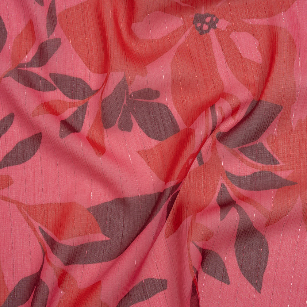 Polyester Chiffon with Metallic Pinstripes - Dark Pink, Red and Burgundy Floral - Designer Deadstock Polyester Chiffon with Metallic Pinstripes - Dark Pink, Red and Burgundy Floral - Designer Deadstock