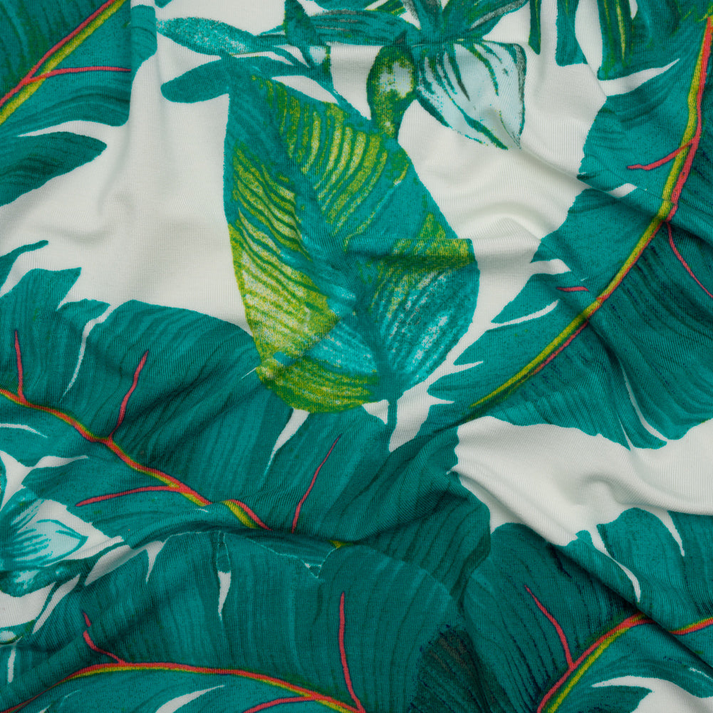 Stretch Rayon Jersey Print - Ocean Green, Lime and Pink Lush Tropical Leaves - Designer Deadstock Stretch Rayon Jersey Print - Ocean Green, Lime and Pink Lush Tropical Leaves - Designer Deadstock