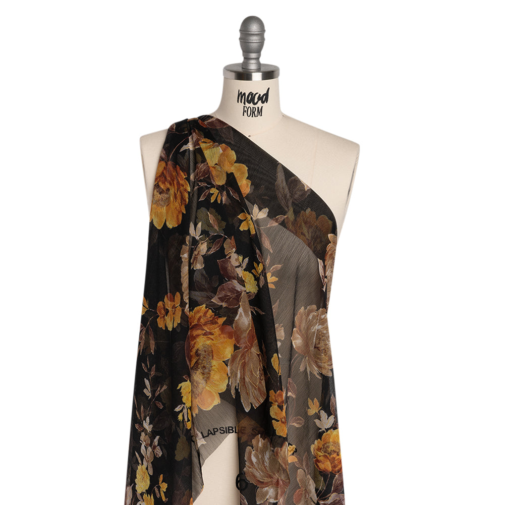 Polyester Chiffon Print with Textured Pinstripes - Black, Yellow and Orange Floral - Designer Deadstock - Folded Polyester Chiffon Print with Textured Pinstripes - Black, Yellow and Orange Floral - Designer Deadstock - Folded