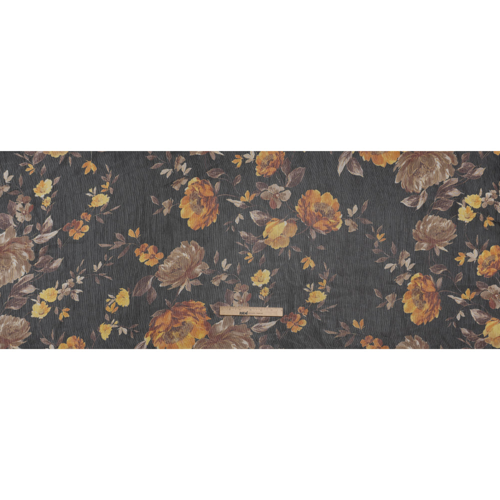 Polyester Chiffon Print with Textured Pinstripes - Black, Yellow and Orange Floral - Designer Deadstock - Full - Image 5 of 5 Polyester Chiffon Print with Textured Pinstripes - Black, Yellow and Orange Floral - Designer Deadstock - Full - Image 5 of 5