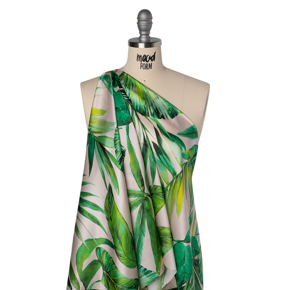 Silk Charmeuse Print 16MM, Made in Italy - Cream and Green Tropical Leaves Folded Silk Charmeuse Print 16MM, Made in Italy - Cream and Green Tropical Leaves Folded
