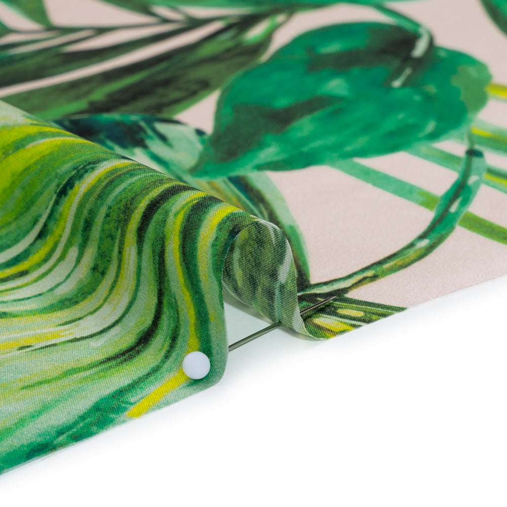 Silk Charmeuse Print 16MM, Made in Italy - Cream and Green Tropical Leaves Full Silk Charmeuse Print 16MM, Made in Italy - Cream and Green Tropical Leaves Full