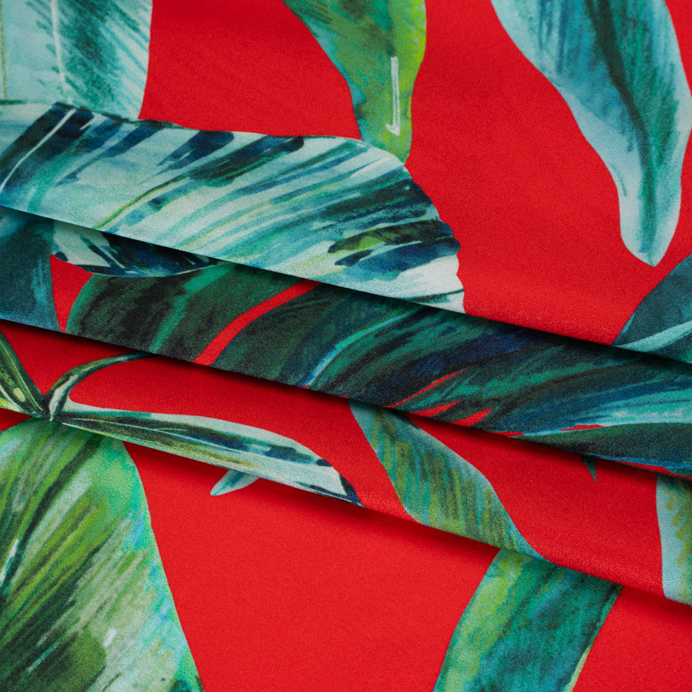 Silk Charmeuse Print 16MM, Made in Italy - Red and Green Tropical Leaves Detail Silk Charmeuse Print 16MM, Made in Italy - Red and Green Tropical Leaves Detail