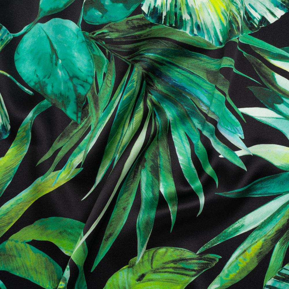 Silk Charmeuse Print 16MM, Made in Italy - Black and Green Tropical Leaves - Drape Silk Charmeuse Print 16MM, Made in Italy - Black and Green Tropical Leaves - Drape