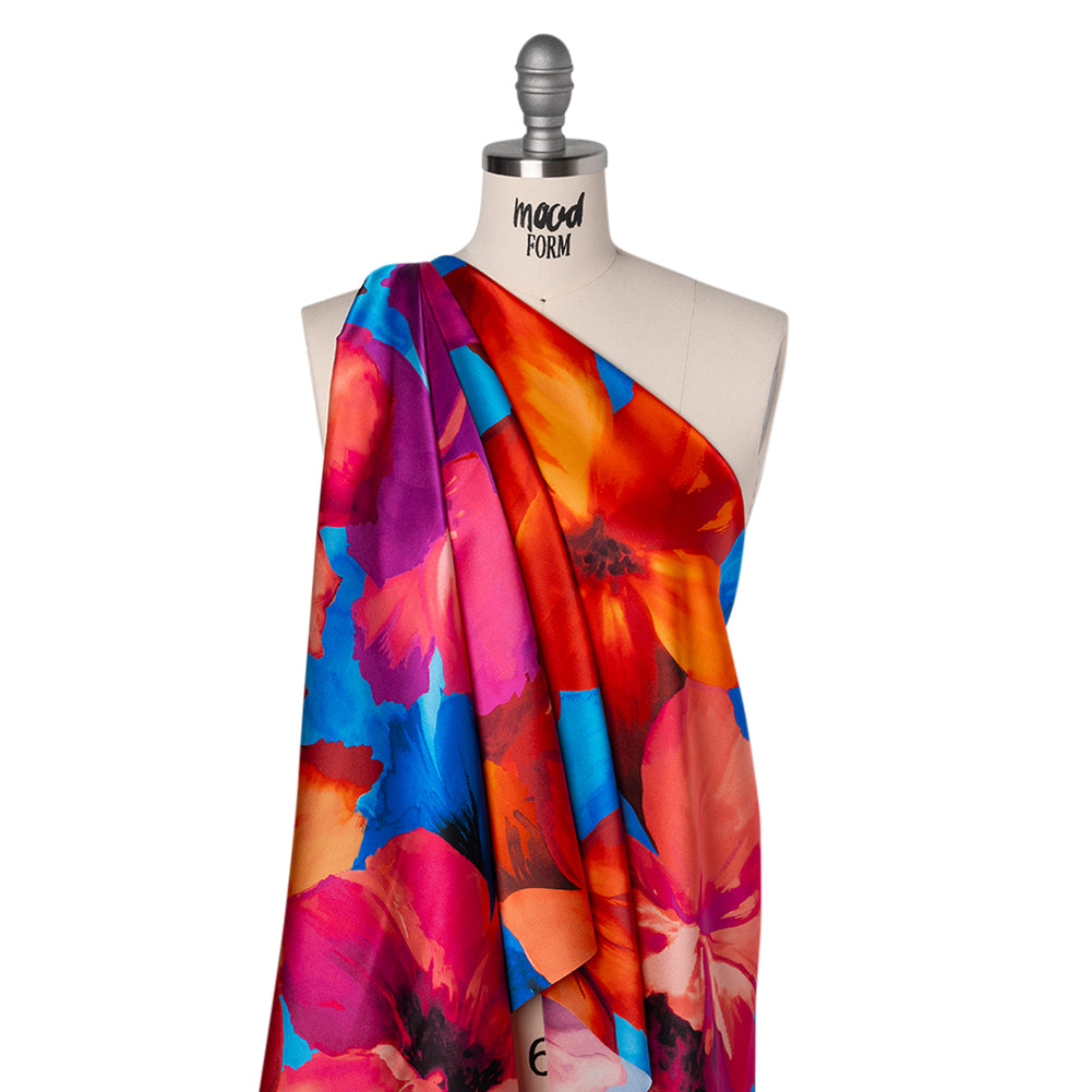 Silk Charmeuse Print 16MM, Made in Italy - Bright Pink, Coral Orange and Blue Painterly Flowers - Folded Silk Charmeuse Print 16MM, Made in Italy - Bright Pink, Coral Orange and Blue Painterly Flowers - Folded