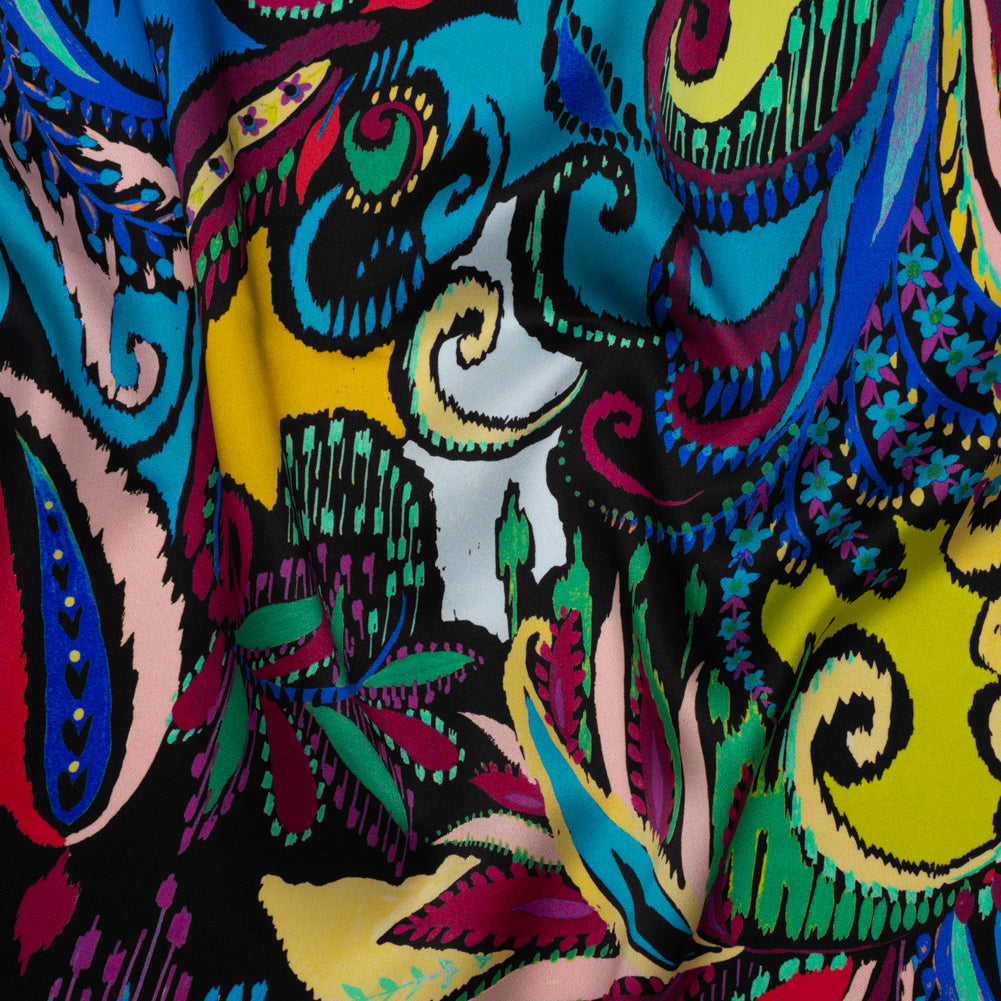 Silk Charmeuse Print 16MM, Made in Italy - Black, Turquoise and Berry Red Painterly Ikat Paisley Drape Silk Charmeuse Print 16MM, Made in Italy - Black, Turquoise and Berry Red Painterly Ikat Paisley Drape