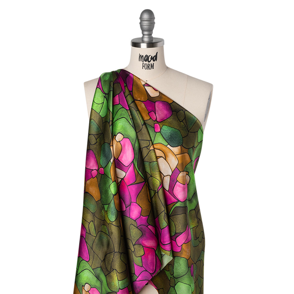 Silk Charmeuse Print 16MM, Made in Italy - Olive Green, Tan and Bright Pink Stained Glass Roses Folded Silk Charmeuse Print 16MM, Made in Italy - Olive Green, Tan and Bright Pink Stained Glass Roses Folded