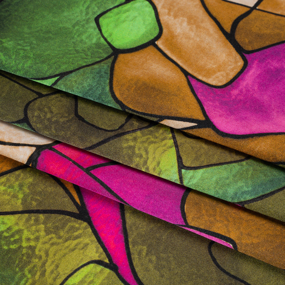 Silk Charmeuse Print 16MM, Made in Italy - Olive Green, Tan and Bright Pink Stained Glass Roses Detail Silk Charmeuse Print 16MM, Made in Italy - Olive Green, Tan and Bright Pink Stained Glass Roses Detail