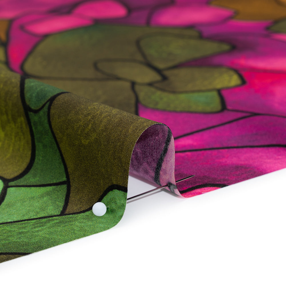 Silk Charmeuse Print 16MM, Made in Italy - Olive Green, Tan and Bright Pink Stained Glass Roses Full Silk Charmeuse Print 16MM, Made in Italy - Olive Green, Tan and Bright Pink Stained Glass Roses Full