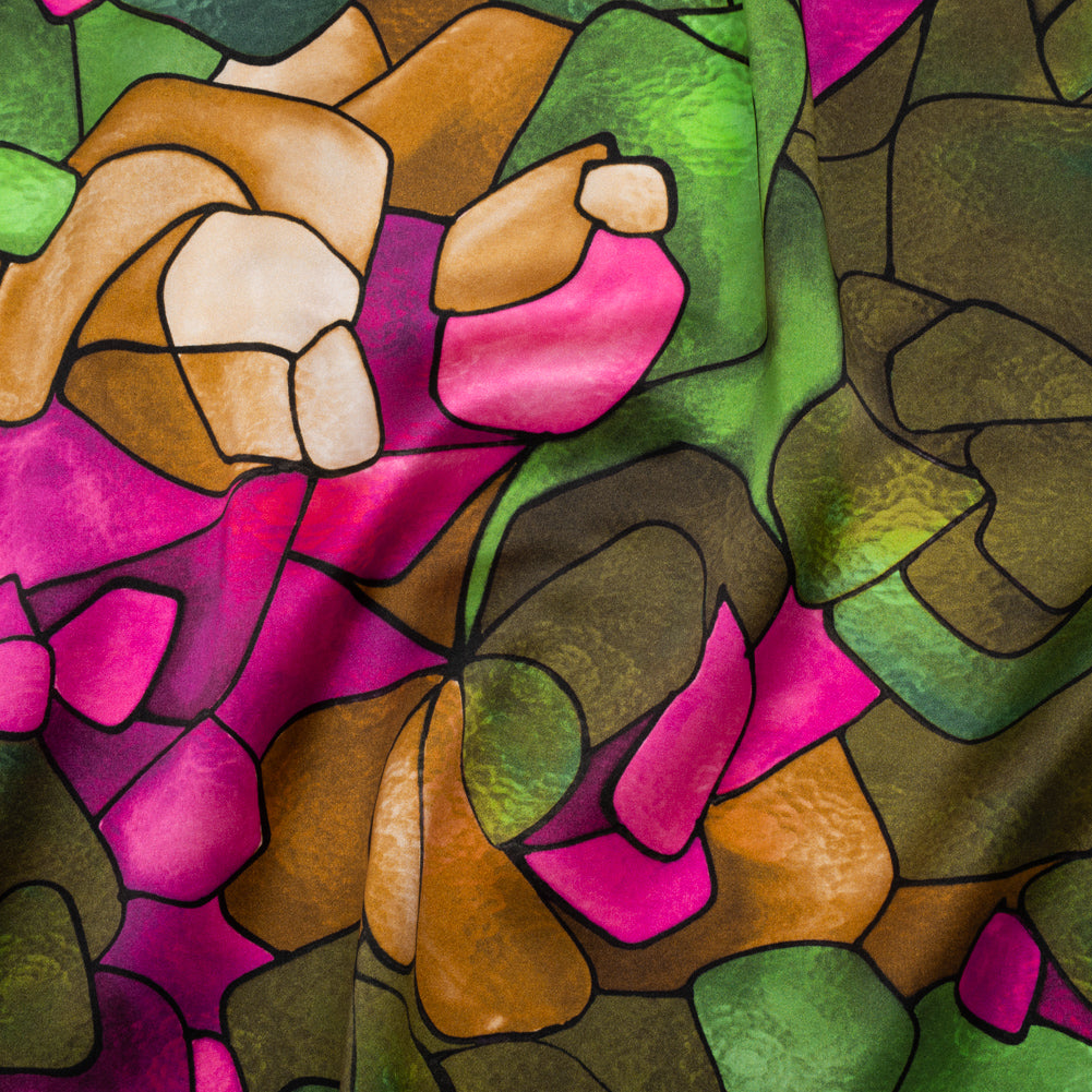 Silk Charmeuse Print 16MM, Made in Italy - Olive Green, Tan and Bright Pink Stained Glass Roses Drape Silk Charmeuse Print 16MM, Made in Italy - Olive Green, Tan and Bright Pink Stained Glass Roses Drape