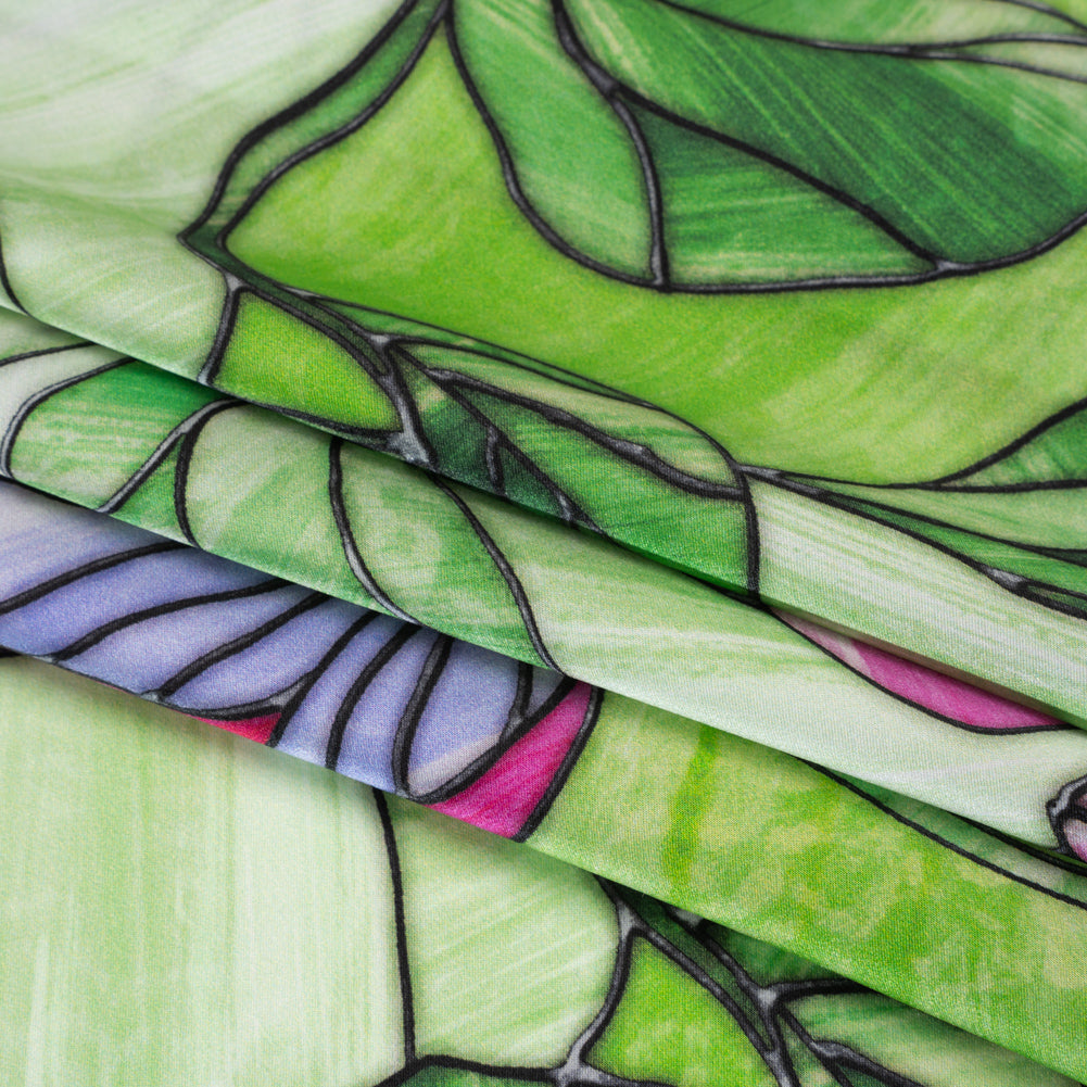Silk Charmeuse Print 16MM, Made in Italy - Grass Green, Hot Pink and Lavender Stained Glass Flower Garden - Detail Silk Charmeuse Print 16MM, Made in Italy - Grass Green, Hot Pink and Lavender Stained Glass Flower Garden - Detail