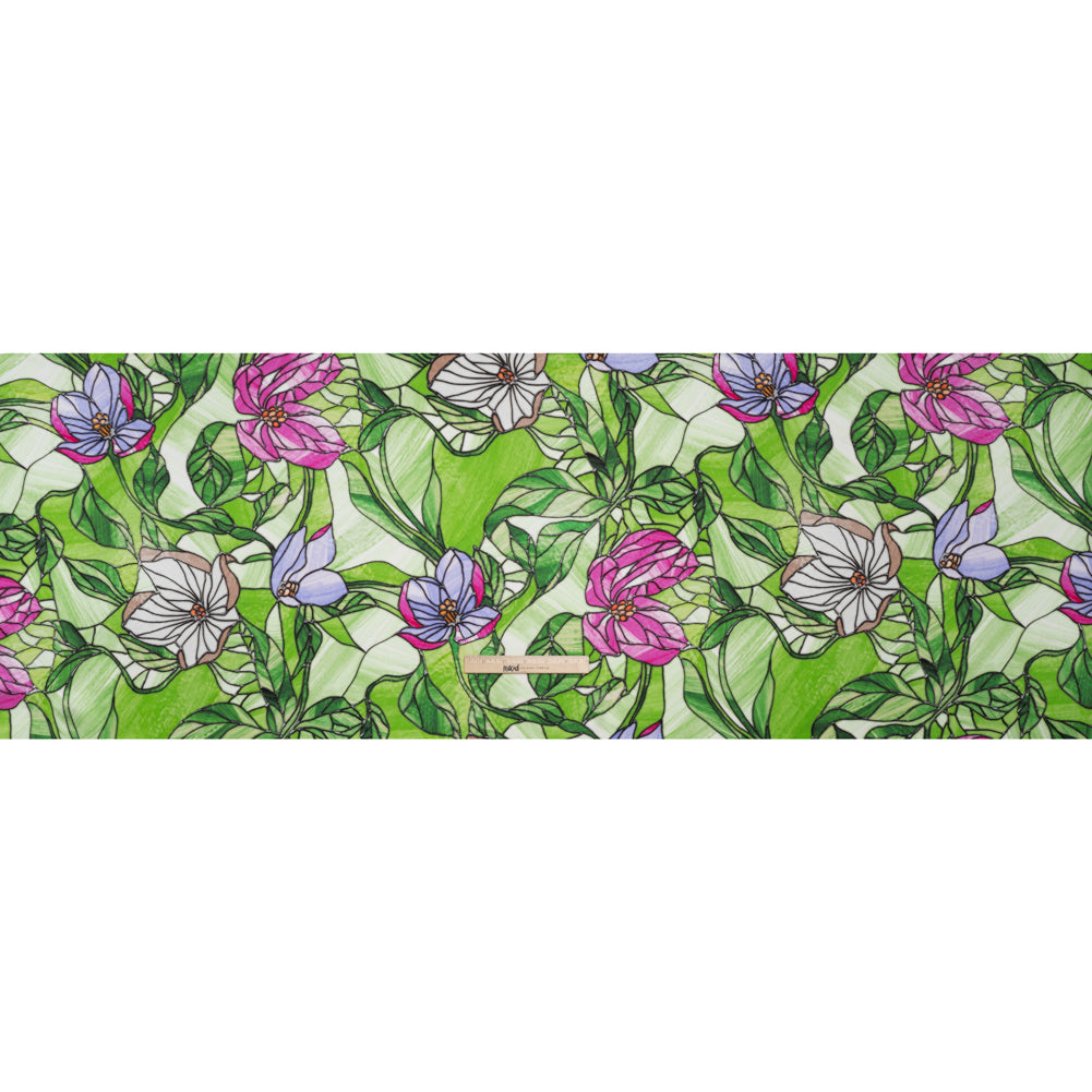 Silk Charmeuse Print 16MM, Made in Italy - Grass Green, Hot Pink and Lavender Stained Glass Flower Garden - Full - Image 5 of 6 Silk Charmeuse Print 16MM, Made in Italy - Grass Green, Hot Pink and Lavender Stained Glass Flower Garden - Full - Image 5 of 6