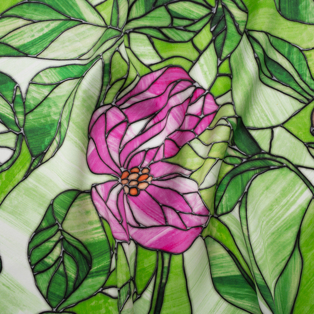 Silk Charmeuse Print 16MM, Made in Italy - Grass Green, Hot Pink and Lavender Stained Glass Flower Garden - Drape Silk Charmeuse Print 16MM, Made in Italy - Grass Green, Hot Pink and Lavender Stained Glass Flower Garden - Drape