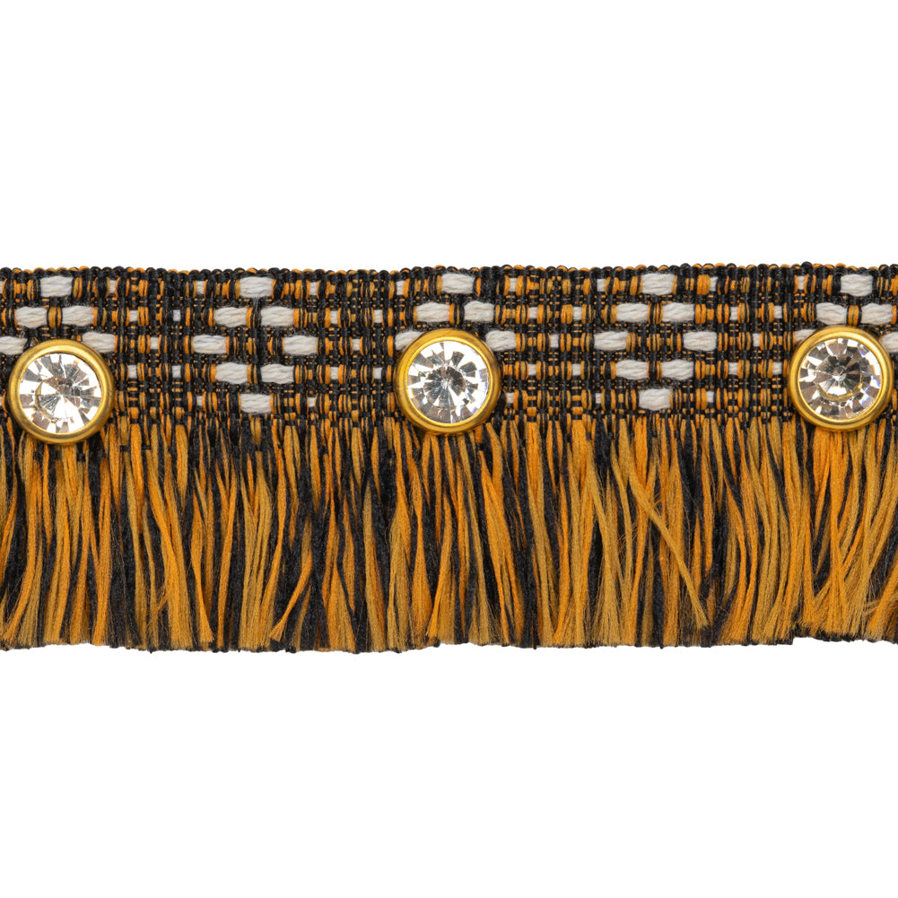 Yaya Han Brush Fringe Trim with Rhinestones - Black, Orange and Gold Geometric, 1.25" - Cosplay Collection - Folded Yaya Han Brush Fringe Trim with Rhinestones - Black, Orange and Gold Geometric, 1.25" - Cosplay Collection - Folded
