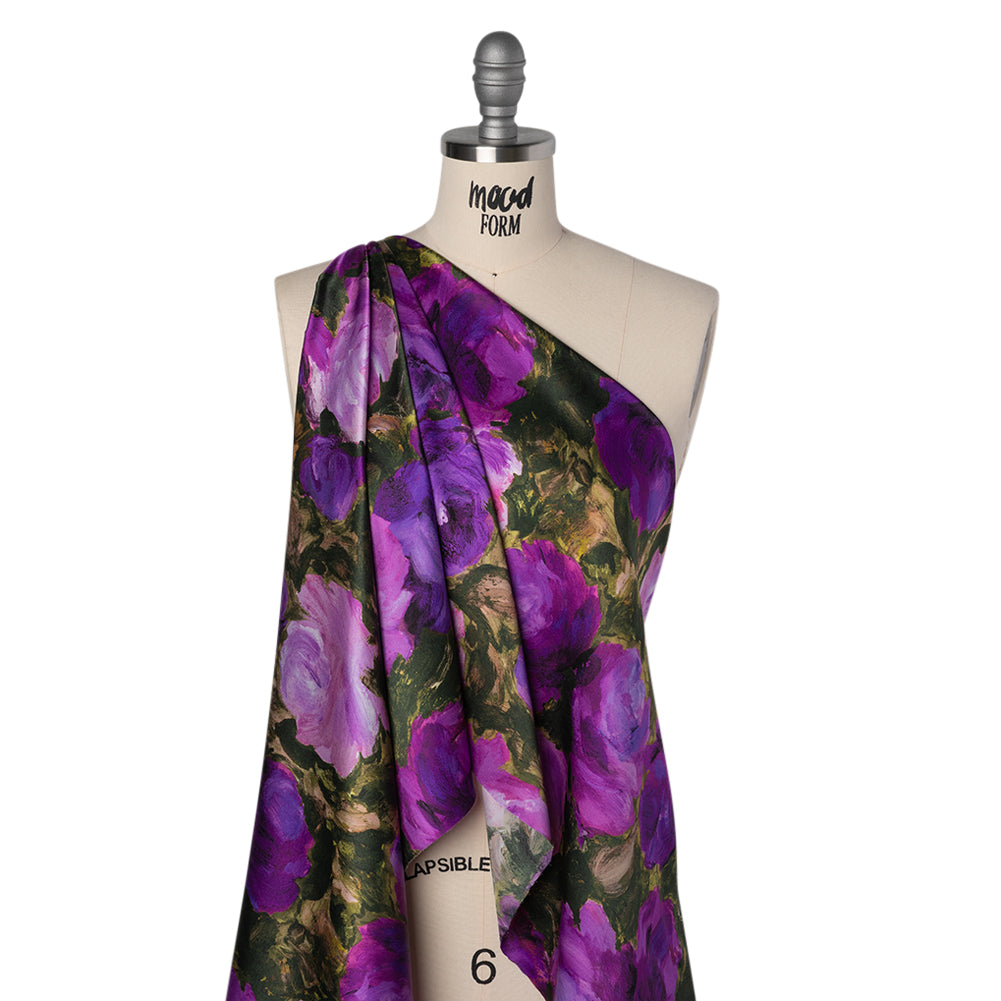 Silk Charmeuse Print 16MM, Made in Italy - Forest Green and Royal Purple Painted Roses Folded Silk Charmeuse Print 16MM, Made in Italy - Forest Green and Royal Purple Painted Roses Folded