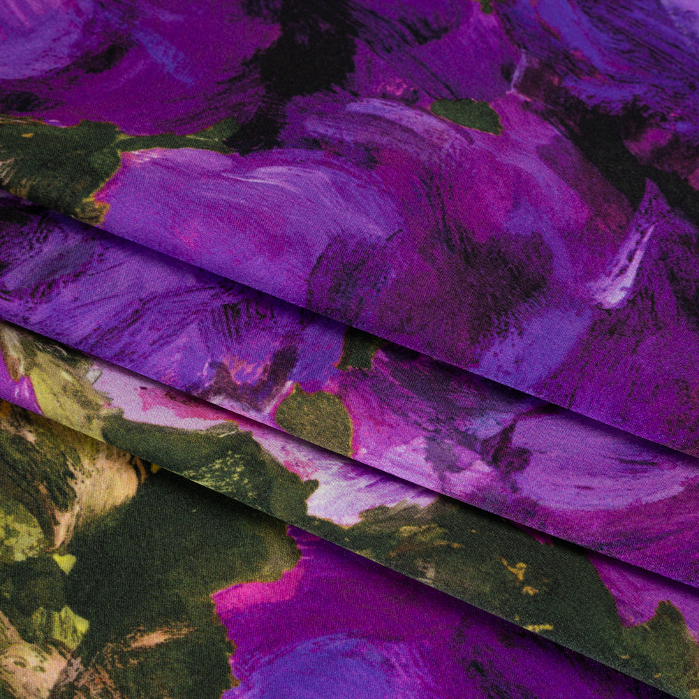 Silk Charmeuse Print 16MM, Made in Italy - Forest Green and Royal Purple Painted Roses Detail Silk Charmeuse Print 16MM, Made in Italy - Forest Green and Royal Purple Painted Roses Detail