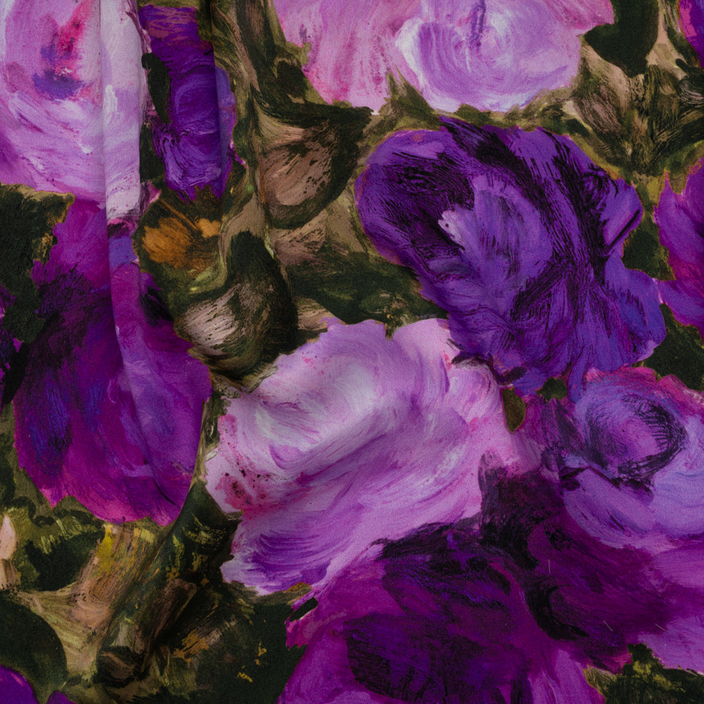 Silk Charmeuse Print 16MM, Made in Italy - Forest Green and Royal Purple Painted Roses Drape Silk Charmeuse Print 16MM, Made in Italy - Forest Green and Royal Purple Painted Roses Drape