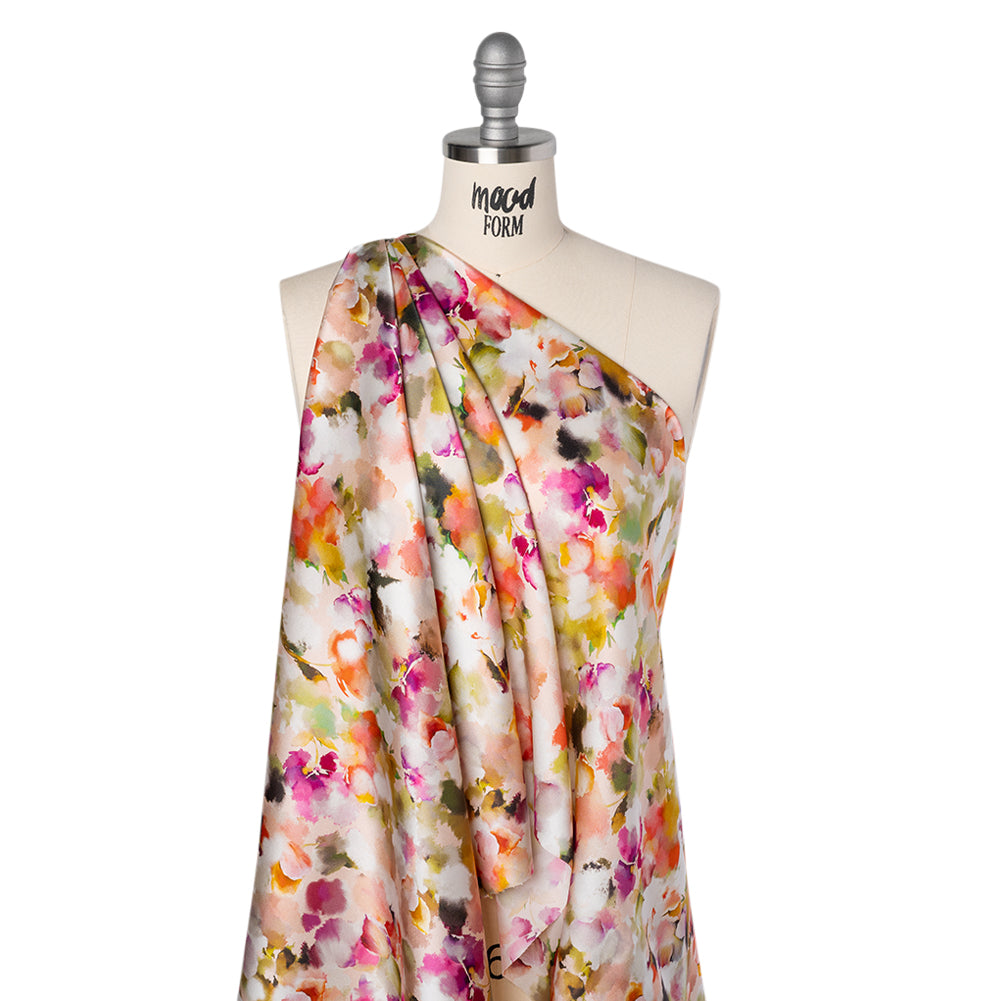Silk Charmeuse Print 16MM, Made in Italy - Peach, Olive Green and Fuchsia Abstracted Watercolor Flowers Folded Silk Charmeuse Print 16MM, Made in Italy - Peach, Olive Green and Fuchsia Abstracted Watercolor Flowers Folded