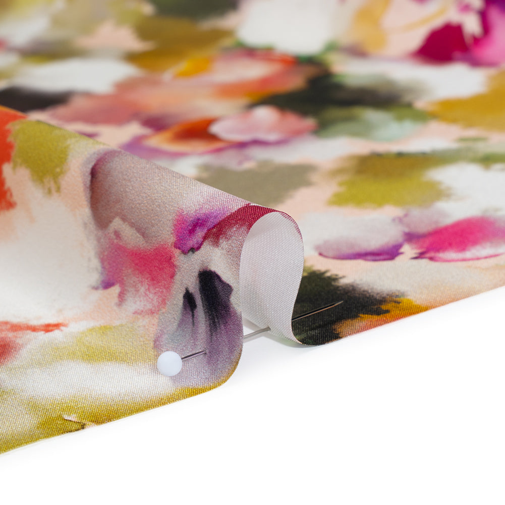 Silk Charmeuse Print 16MM, Made in Italy - Peach, Olive Green and Fuchsia Abstracted Watercolor Flowers Full Silk Charmeuse Print 16MM, Made in Italy - Peach, Olive Green and Fuchsia Abstracted Watercolor Flowers Full