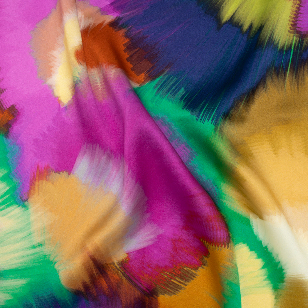 Silk Charmeuse Print 16MM, Made in Italy - Fuchsia, Ochre and Blue Painted Bursts Drape Silk Charmeuse Print 16MM, Made in Italy - Fuchsia, Ochre and Blue Painted Bursts Drape