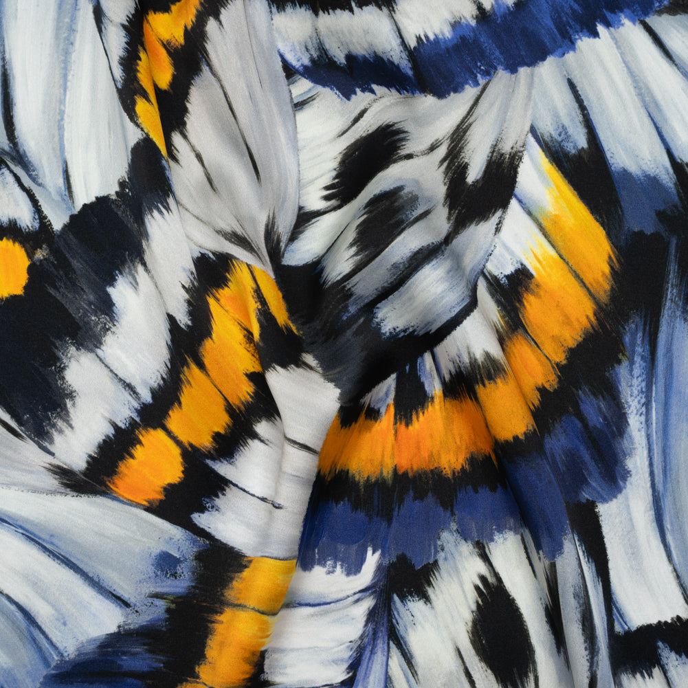 Silk Charmeuse Print 16MM, Made in Italy - Golden Yellow, Navy Blue and Light Gray Butterfly Wings - Drape Silk Charmeuse Print 16MM, Made in Italy - Golden Yellow, Navy Blue and Light Gray Butterfly Wings - Drape