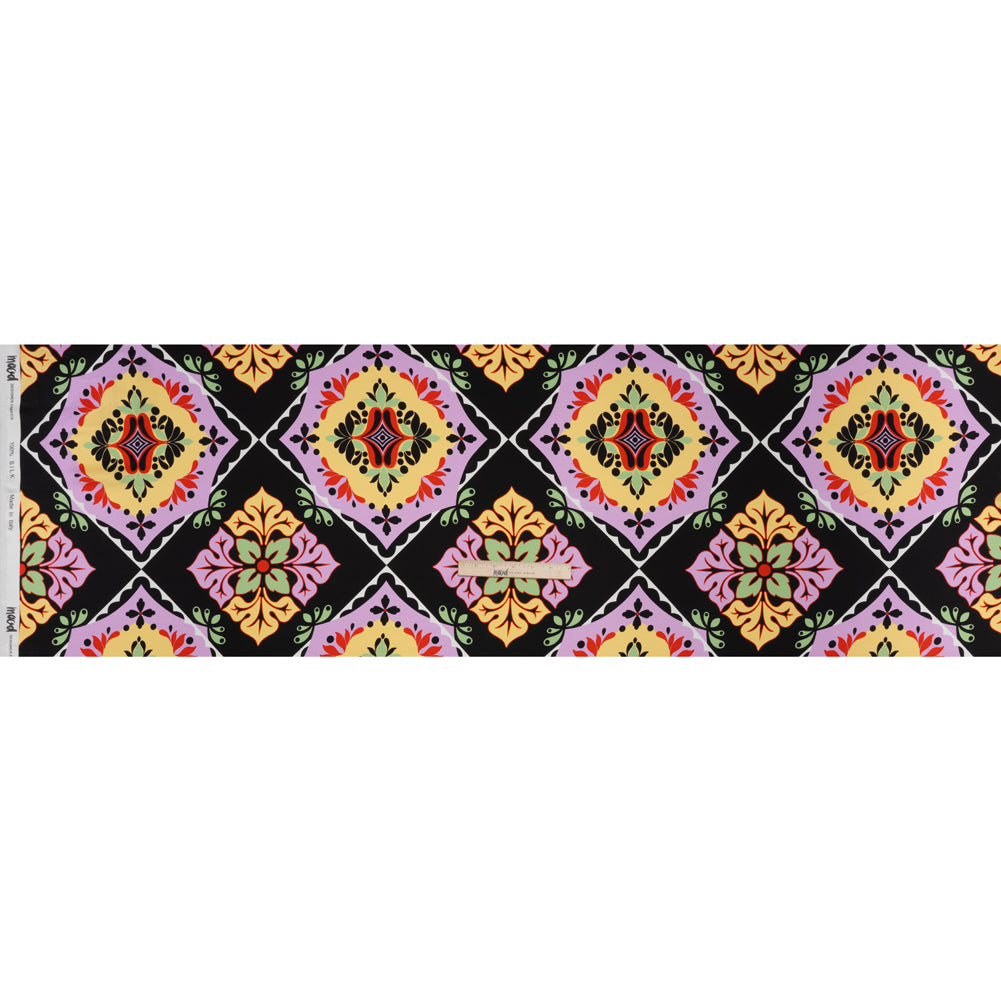 Silk Charmeuse Print 16MM, Made in Italy - Black, Lavender and Pale Yellow Fancy Floral Tiles - Full - Image 5 of 6 Silk Charmeuse Print 16MM, Made in Italy - Black, Lavender and Pale Yellow Fancy Floral Tiles - Full - Image 5 of 6